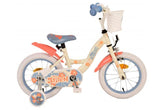 Disney Stitch 16 inch meisjesfiets in crème, koraal en blauw design met handrem, terugtraprem, afneembare zijwieltjes, reflectoren, verstelbaar zadel en stuur, mandje, veilig, trendy en voordelig bij Fitmarkt